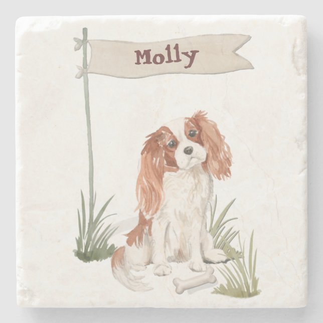 Cavalier King Charles Spaniel Customizable Name Stone Coaster (Front)