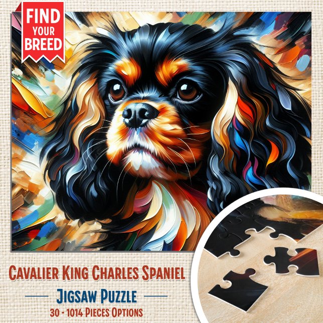 Cavalier King Charles Spaniel Dog Acrylic Print Jigsaw Puzzle (Black & Tan Cavalier Jigsaw Puzzle. Artistic acrylic style. Available in 30-1014 pieces.)