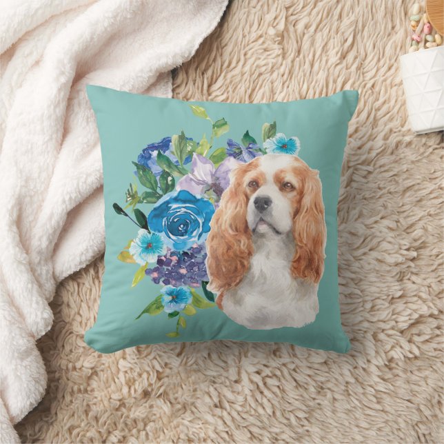 Cavalier King Charles Spaniel Dog Blue Floral Throw Pillow (Blanket)