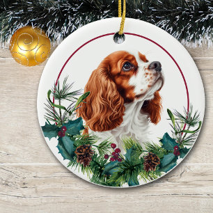 Cavalier King Charles Spaniel Dog Evergreen Wreath Ceramic Ornament