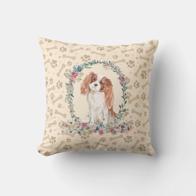 Cavalier King Charles Spaniel Dog Paw Print Floral Throw Pillow (Front)