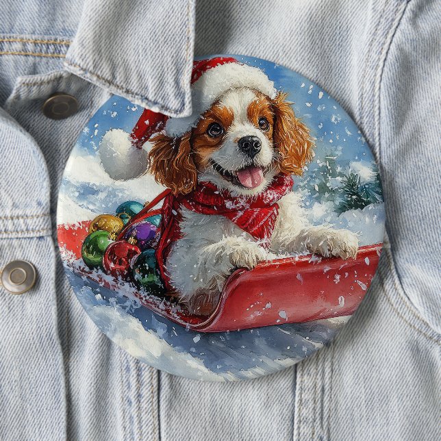 Cavalier King Charles Spaniel Dog Sledge Christmas 6 Inch Round Button (In Situ)