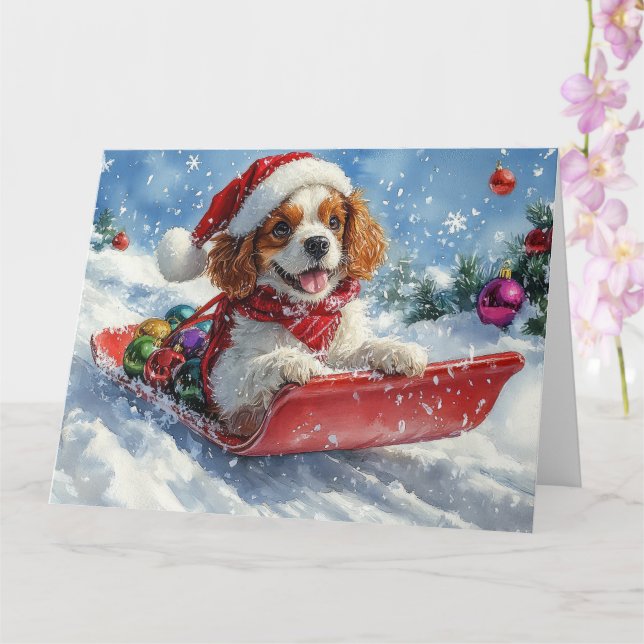 Cavalier King Charles Spaniel Dog Sledge Christmas Card (Orchid)