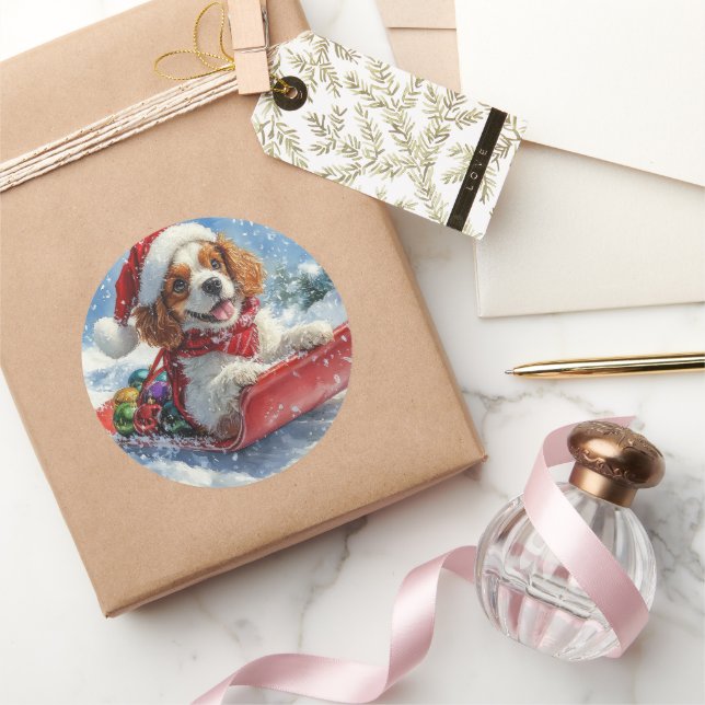 Cavalier King Charles Spaniel Dog Sledge Christmas Classic Round Sticker (Gifting)