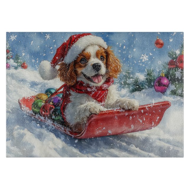 Cavalier King Charles Spaniel Dog Sledge Christmas Cutting Board (Front)