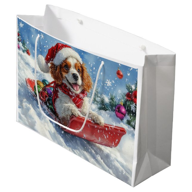 Cavalier King Charles Spaniel Dog Sledge Christmas Large Gift Bag (Front Angled)