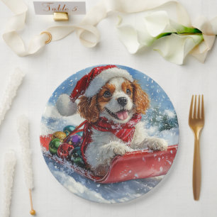 Cavalier King Charles Spaniel Dog Sledge Christmas Paper Plate