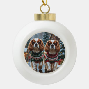 Cavalier King Charles Spaniel Dogs Christmas Snow  Ceramic Ball Christmas Ornament