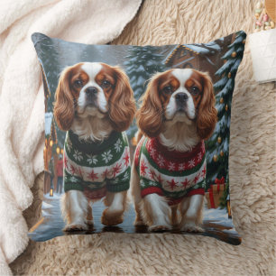 Cavalier King Charles Spaniel Dogs Christmas Snow  Throw Pillow