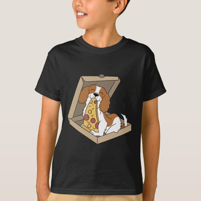 Cavalier King Charles Spaniel Eating Pizza Funny D T-Shirt (Front)
