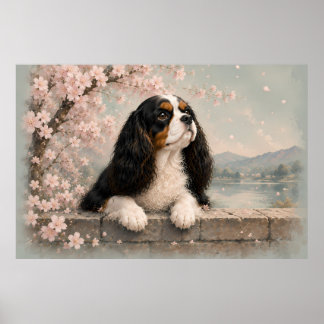 Cavalier King Charles Spaniel Floral Portrait | Tr Poster