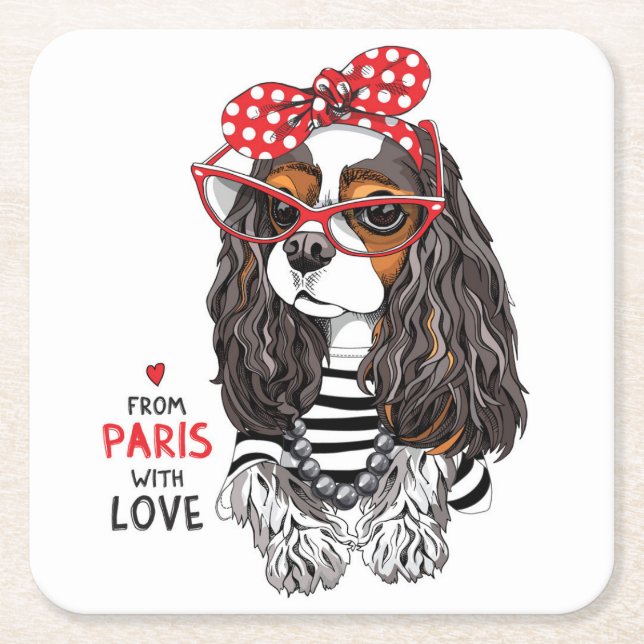 Cavalier King Charles Spaniel From Paris With Love Square Paper Coaster (Front)