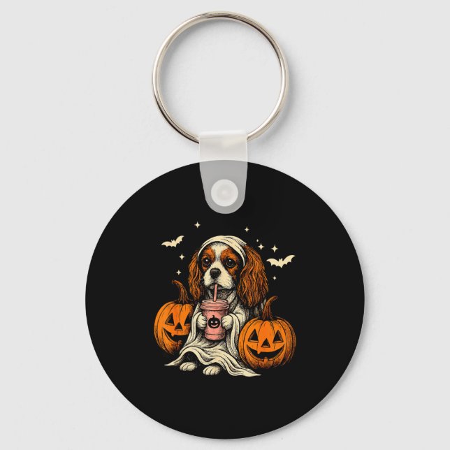 Cavalier King Charles Spaniel Ghost Halloween Cava Keychain (Front)