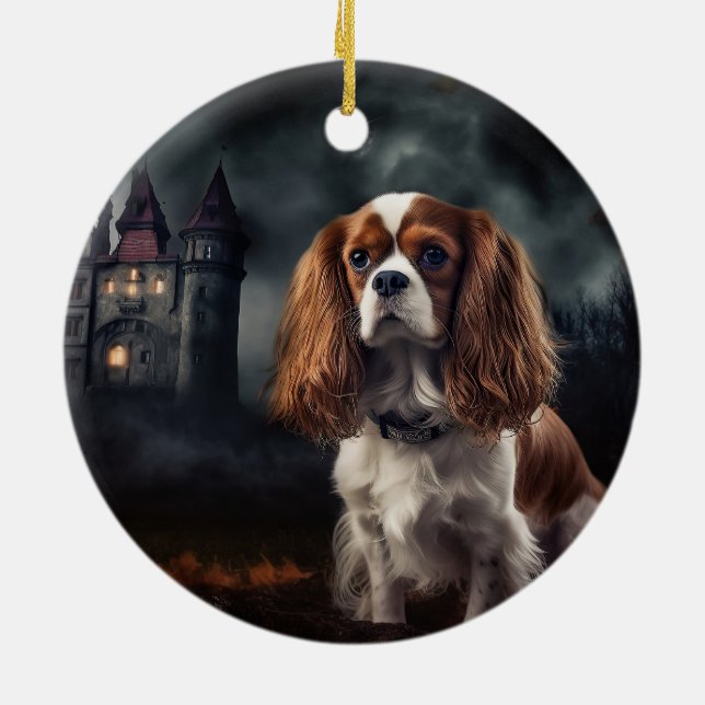 Cavalier King Charles Spaniel Halloween Scary Ceramic Ornament (Back)