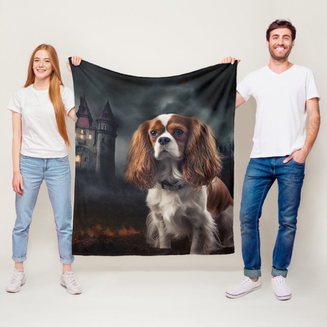 Cavalier King Charles Spaniel Halloween Scary Fleece Blanket (In Situ)