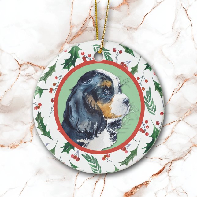 Cavalier King Charles Spaniel Holly Border Ceramic Ornament (Creator Uploaded)