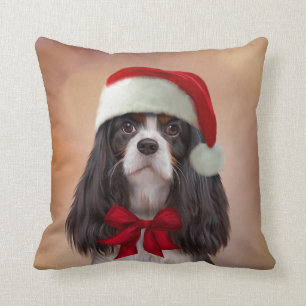 Cavalier King Charles Spaniel in red hat of Santa Throw Pillow
