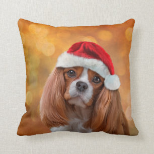 Cavalier King Charles Spaniel in red hat of Santa Throw Pillow
