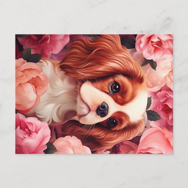 Cavalier King Charles Spaniel in Roses Postcard (Front)
