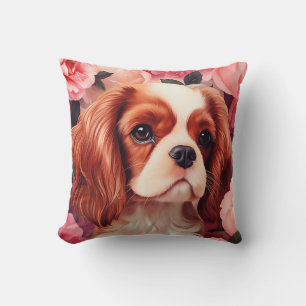 Cavalier King Charles Spaniel in Roses Throw Pillow