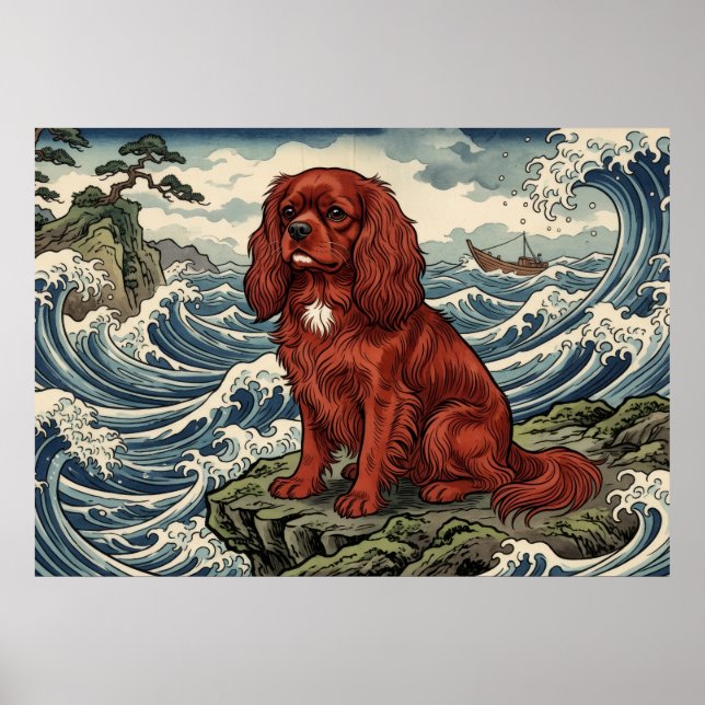 Cavalier King Charles Spaniel Japanese Wave Poster (Front)