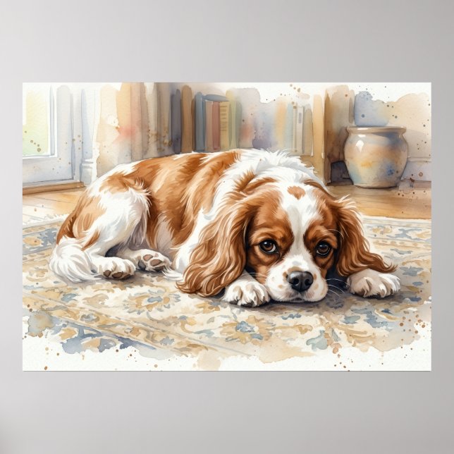 Cavalier King Charles Spaniel Lying Down Watercolo Poster (Front)