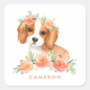 Cavalier King Charles Spaniel Orange Floral Custom Square Sticker