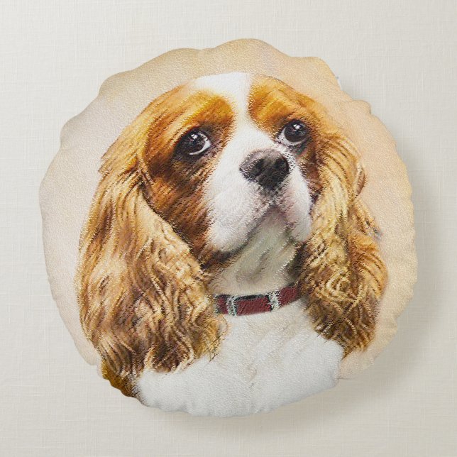 Cavalier King Charles Spaniel Original Painting Round Pillow (Back)