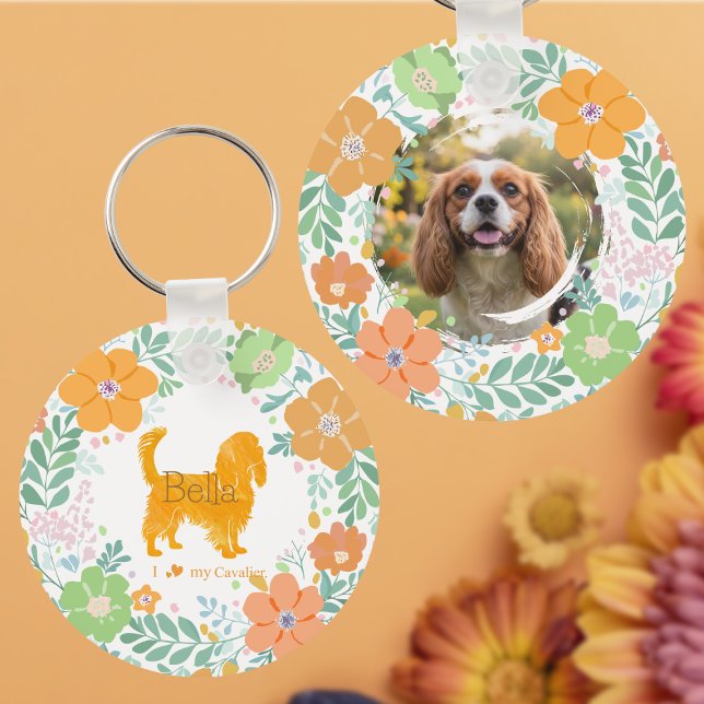 Cavalier King Charles Spaniel Pastel Orange Flower Keychain (Creator Uploaded)