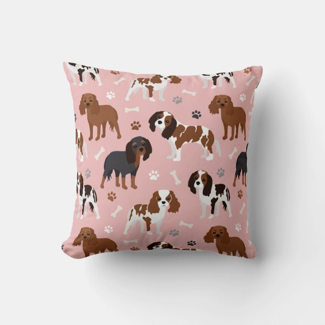 Cavalier King Charles Spaniel Paws and Bones Throw Pillow (Front)