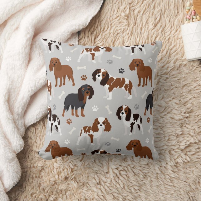 Cavalier King Charles Spaniel Paws and Bones Throw Pillow (Blanket)