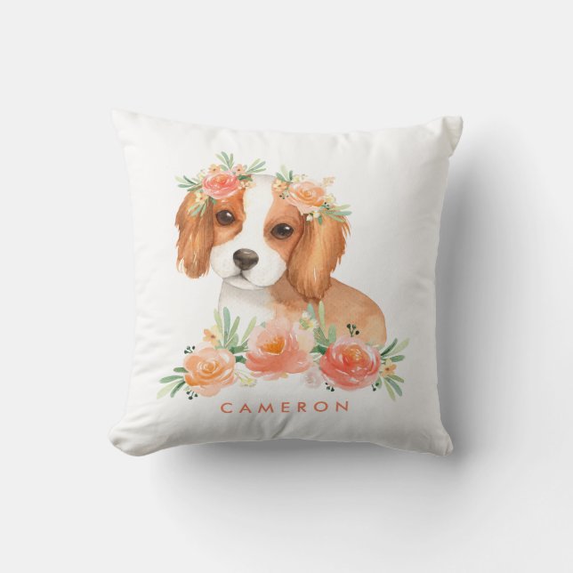 Cavalier King Charles Spaniel Peach Floral Nursery Throw Pillow (Front)