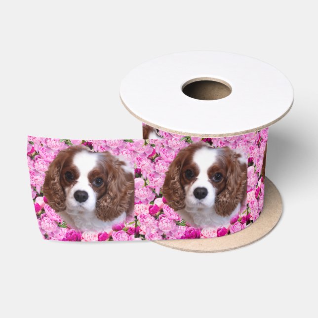 Cavalier King Charles Spaniel Peonies Satin Ribbon (Spool)