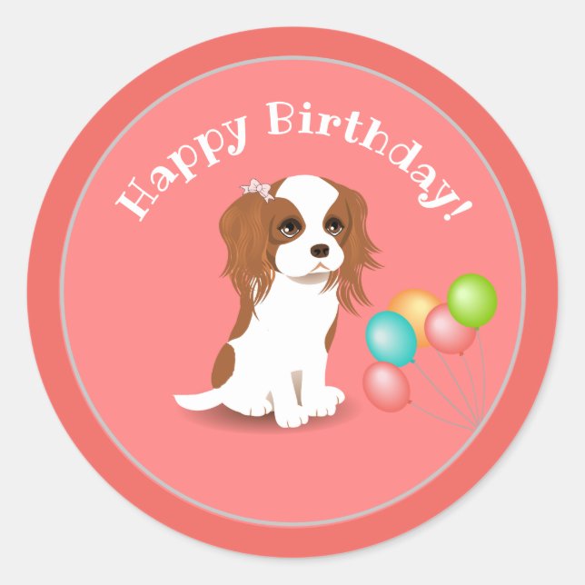 Cavalier King Charles Spaniel Pink Happy Birthday Classic Round Sticker (Front)
