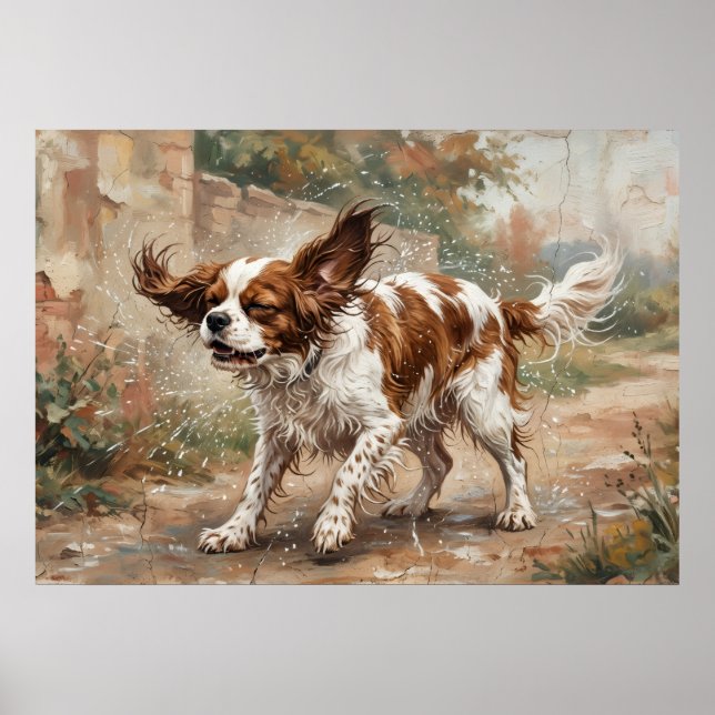 Cavalier King Charles Spaniel Playing in the Garde Poster (Front)