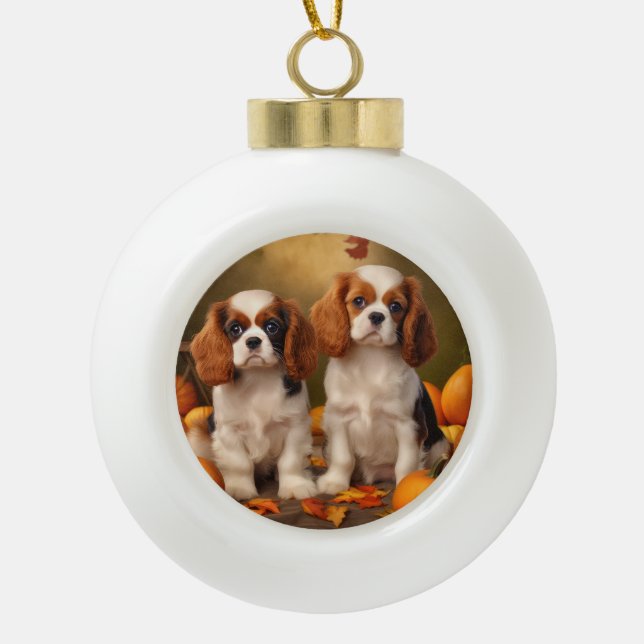 Cavalier King Charles Spaniel Puppy Autumn Pumpkin Ceramic Ball Christmas Ornament (Front)