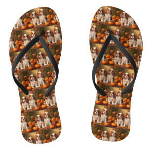 Cavalier King Charles Spaniel Puppy Autumn Pumpkin Flip Flops
