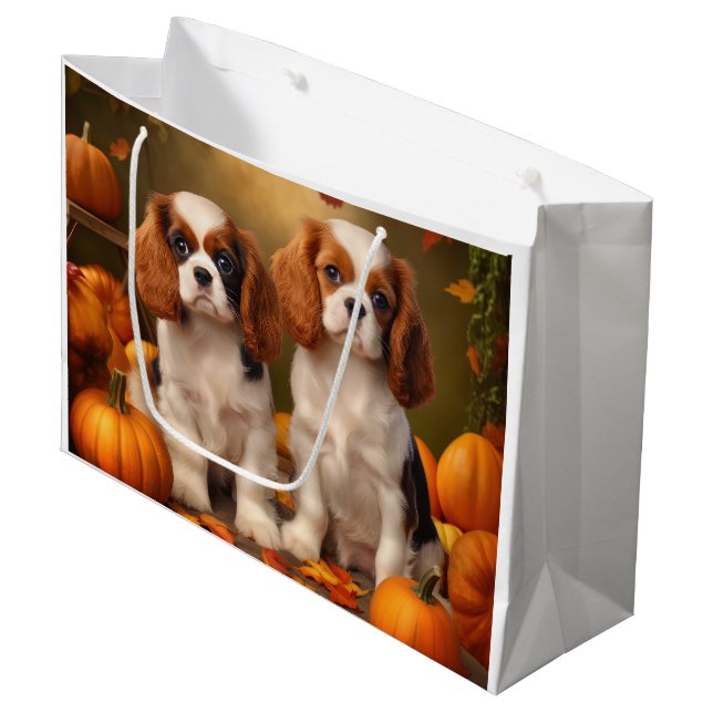 Cavalier King Charles Spaniel Puppy Autumn Pumpkin Large Gift Bag (Front Angled)