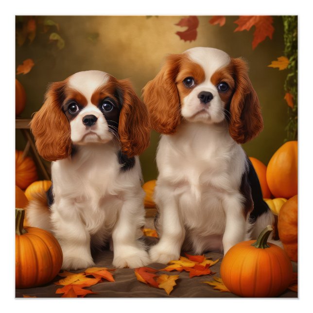 Cavalier King Charles Spaniel Puppy Autumn Pumpkin Poster (Front)