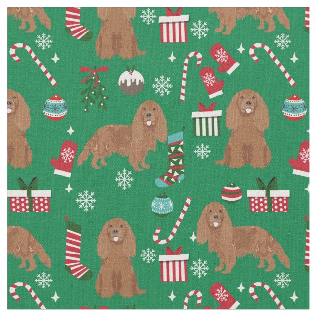 Cavalier King Charles Spaniel ruby christmas Fabric (Close Up)