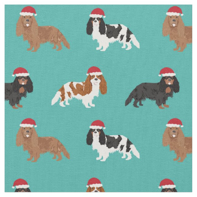 Cavalier King Charles Spaniel santa turquoise Fabric (Close Up)