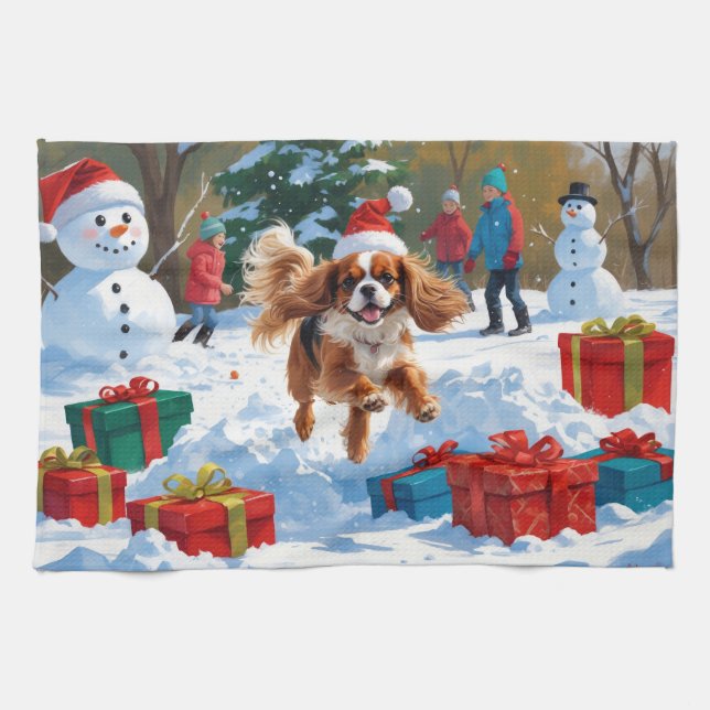 Cavalier King Charles Spaniel Snow with Christmas  Kitchen Towel (Horizontal)