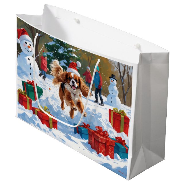 Cavalier King Charles Spaniel Snow with Christmas  Large Gift Bag (Front Angled)