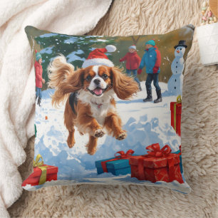 Cavalier King Charles Spaniel Snow with Christmas  Throw Pillow