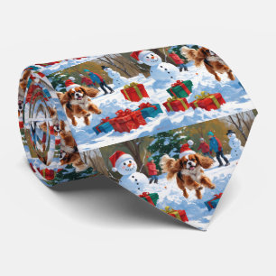 Cavalier King Charles Spaniel Snow with Christmas  Tie