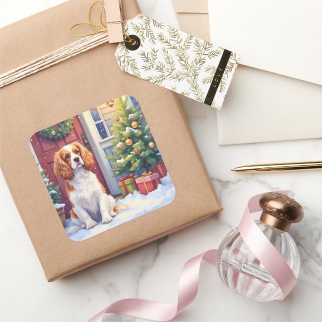 Cavalier King Charles Spaniel Snowy Christmas Square Sticker (Gifting)