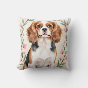 Cavalier King Charles Spaniel Watercolor Floral Throw Pillow