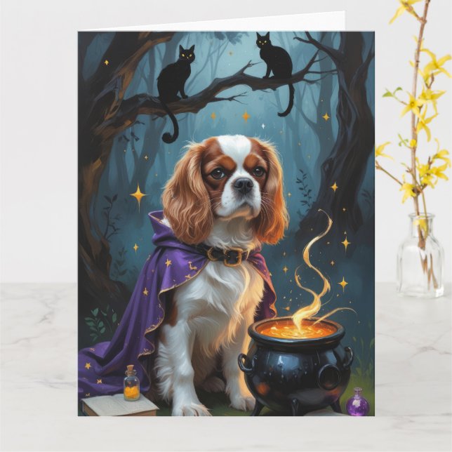 Cavalier King Charles Spaniel Whimsical Halloween  Card (Yellow Flower)