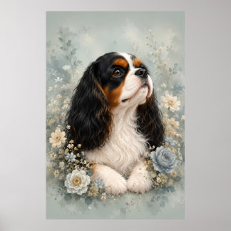 Cavalier King Charles Spaniel with Blue Flowers | Poster