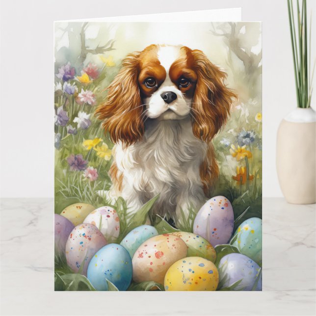 Cavalier King Charles Spaniel with Easter Eggs Card (Front)